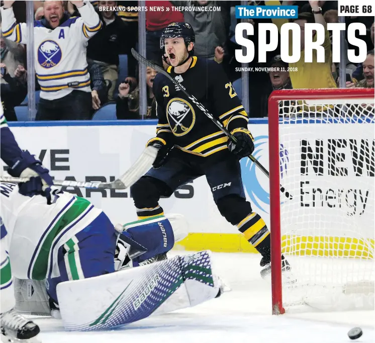  ?? — AP ?? Sabres’ forward Sam Reinhart celebrates his game-tying goal Saturday afternoon against the Canucks in Buffalo. The Sabres rallied to beat the visitors 4-3 in a shootout.