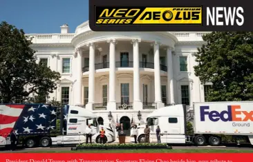  ??  ?? President Donald Trump, with Transporta­tion Secretary Elaine Chao beside him, pays tribute to American truckers’ work during the COVID-19 crisis