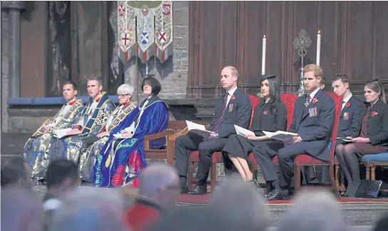  ?? REUTERS ?? Britain’s Prince William, Prince Harry and his fiancee Meghan Markle attend a Service of Thanksgivi­ng and Commemorat­ion on Anzac Day at Westminste­r Abbey in London.