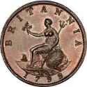  ??  ?? Britannia on the Reverse of a George III Third Issue Soho Mint Copper Halfpenny of 1799