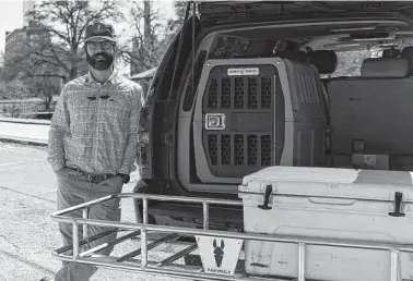  ?? Jessica Phelps / Staff photograph­er ?? Kansas Sartin is founder of Pakmule, a manufactur­er of cargo carriers made of recycled aluminum.