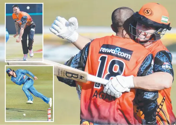  ?? Pictures: DARREN ENGLAND ?? Hilton Cartwright celebrates yesterday’s BBL victory over the Adelaide Strikers in Alice Springs with Perth Scorchers teammate Ashton Agar. man Mitch Johnson (top) in full stride for the Scorchers and Jono Dean weaving his magic in the field at Traeger...