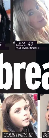  ??  ?? ‘You’ll never be forgotten’ Feared to have been killed LISA, 43 COURTNEY, 18