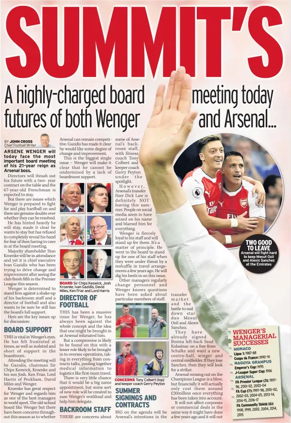  ??  ?? BOARD Sir Chips Keswick, Josh Kroenke, Ivan Gazidis, David Miles, Ken Friar and Lord Harris CONCERNS Tony Colbert (top) and keeper coach Gerry Peyton TWO GOOD TO LEAVE Arsenal will fight hard to keep Mesut Ozil and Alexis Sanchez at the Emirates