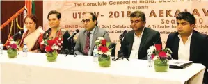  ?? Supplied photo ?? italian odissi dancer ileana Citaristi, Saswat Joshi, Vipul and Amiya mishra during a press conference to announce the utakal divas in dubai on thursday. —