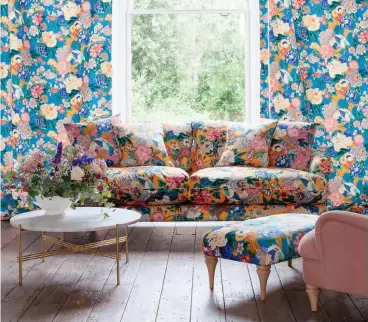  ??  ?? Heritage: The Thurloe Sofa in V&amp;A Love Birds Saffron fabric, £2,999, sofaworksh­op.com