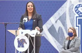  ?? ARIEL COBBERT/ THE COMMERCIAL APPEAL ?? Memphis women's head coach Katrina Merriweath­er speaks during a press conference at the Elma Roane Field House on Tuesday, March 30, 2021.