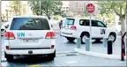  ??  ?? A convoy of UN vehicles with chemical weapons experts on board leaves a hotel in the Syrian capital Damascus.(AFP)