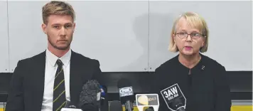  ?? Picture: JAMES ROSS/AAP ?? THREE-MATCH BAN: Nathan Broad addresses the media alongside Richmond Football Club president Peggy O'Neal.