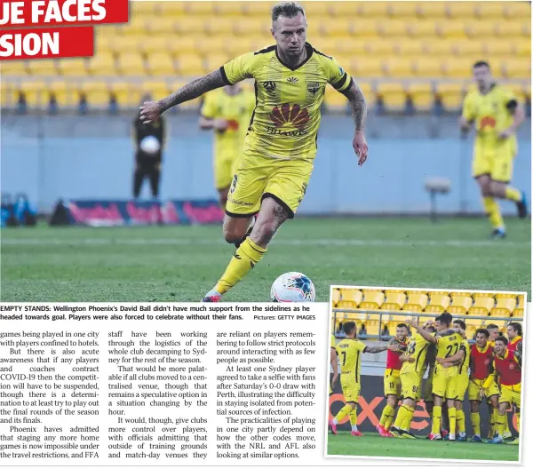  ?? Pictures: GETTY IMAGES ?? EMPTY STANDS: Wellington Phoenix’s David Ball didn’t have much support from the sidelines as he headed towards goal. Players were also forced to celebrate without their fans.