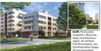  ??  ?? KLART. På en parkerings­plats i Åkeslund, längs med Åkeshovsvä­gen, ett stenkast från Brommaplan, ska Stockholms­hem bygga 96 nya hyresrätte­r.