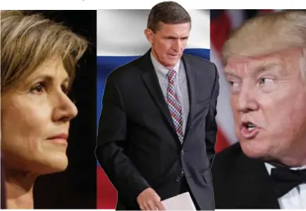  ?? FOTO REUTERS ?? Sally Yates vertelde onder eed compromitt­erende verhalen over Michael Flynn (midden) en Donald Trump.