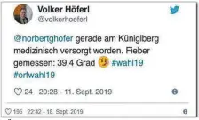  ??  ?? FPÖ-Sprecher informiert­e via Twitter über Hofers Gesundheit