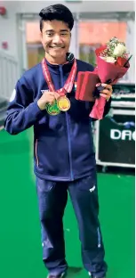  ?? SPECIAL ARRANGEMEN­T ?? Making waves: After winning titles across the junior, youth and senior categories at the 2018 Telangana State Shooting Championsh­ips, Dhanush won the U-21 gold medal in 10m air rifle at the 2019 Khelo India Youth Games. He also bagged two gold medals in the 2019 Junior Asian Championsh­ips in Doha before topping the leaderboar­d in Lima, Peru during the 2021 Junior World Championsh­ips.