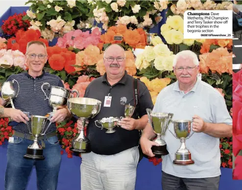  ??  ?? Champions Dave Wetherby, Phil Champion and Terry Tasker show off their trophies in the begonia section
060816Flow­ershow_ 25