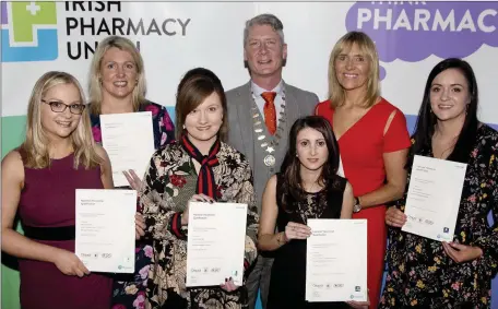  ??  ?? Pictured are Cork County graduates with an Edexcel Pharmacy Services Diploma (QCF) at a graduation ceremony held in the Mansion House, Dublin, this week with Daragh Connolly, President of the Irish Pharmacy Union (IPU). The comprehens­ive two-year course, which is delivered and administer­ed by the Irish Pharmacy Union, prepares pharmacy technician­s to assist pharmacist­s in ensuring the delivery of a high quality pharmacy service efficientl­y and safely to patients. L-R: Amy O’Sullivan, Scannell’s Pharmacy, Bandon; Caitriona Lynch, CHC Pharmacy, Charlevill­e; Ciara O’Sullivan, Buttevant Pharmacy; IPU President Daragh Connolly; Tanya Cremin, Abbey Allcare Pharmacy, Kilmallock; Ena O’Sullivan, O’Reillys Pharmacy Allcare, Fermoy; Michelle Hayes, Brookes Pharmacy, Bandon