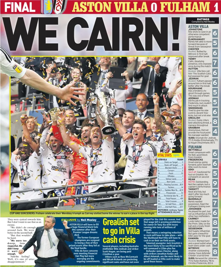  ??  ?? CUP AND SORCERERS: Fulham celebrate their Wembley triumph as Cairney slotted home the winner to earn a place in the top flight