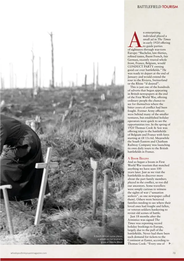  ??  ?? A South African nurse places a wreath on her brother’s grave at Delville Wood