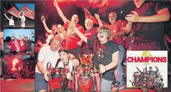  ?? FOTO: AP ?? La afición del Liverpool salió a celebrarlo
El conjunto ‘red’ ganó su primera Premier League tras 30 años en blanco gracias a la victoria del Chelsea contra el City