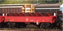  ?? ?? BYA ‘Stegosauru­s’ converted steel coil flat No. 966011 in Bescot Yard on October 24.