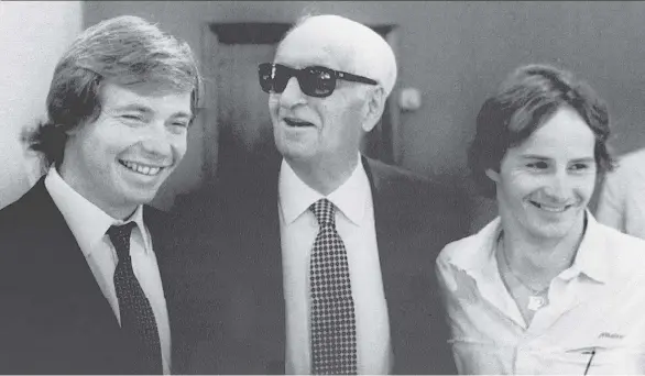  ??  ?? “Il Commendato­re” Enzo Ferrari, centre, loved his racing team, which employed the likes of Formula One drivers Didier Pironi, left, and Canadian Gilles Villeneuve.