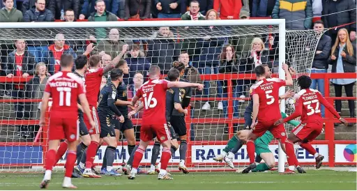  ?? Barrington Coombs ?? Stanley’s Rosarie Longelo (right) scores their side’s first goal of the game during the Sky Bet League One match at the Wham Stadium on Saturday