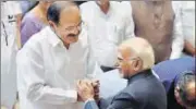  ?? PTI ?? VicePresid­ent designate M Venkaiah Naidu greets outgoing VicePresid­ent Hamid Ansari in New Delhi on Thursday.