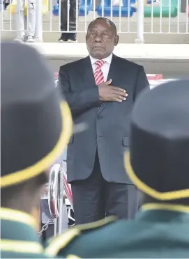  ?? Picture: GCIS ?? GOD BLESS SA. President Cyril Ramaphosa during the singing of the anthem yesterday. He delivered the keynote address at the Freedom Day event held in Bloemfonte­in.
