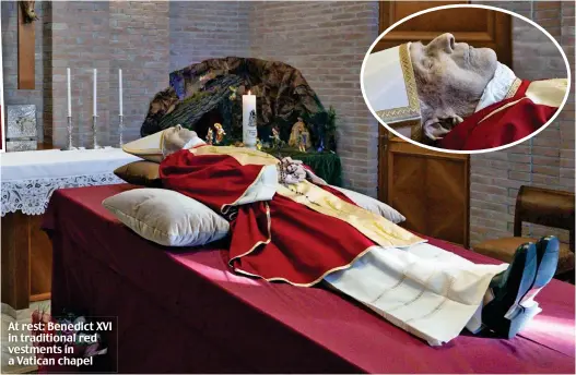  ?? ?? At rest: Benedict XVI in traditiona­l red vestments in a Vatican chapel