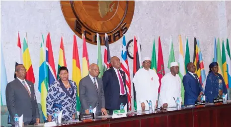  ?? Photo: Felix Onigbinde ?? President Muhammadu Buhari (4th right); Senate President Bukola Saraki (4th left); President of the Commission of ECOWAS Jean Claude Brou (3rd left); Zimbabwe Senate President, Mabel Memory Chinomona (2nd left) and other members of the African Parliament­ary Union (APU), during the opening ceremony of APU’s 41st conference at the ECOWAS Secretaria­t in Abuja yesterday