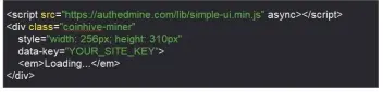  ??  ?? Om de Coinhive-miner met grafische interface in je site te integreren, heb je alleen dit simpel stukje code nodig plus een persoonlij­ke key.