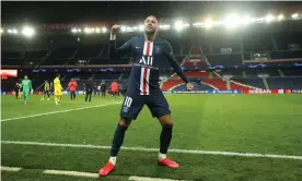  ?? Photograph: Uefa via Getty Images ?? Neymar celebrates in front of the empty stands after mastermind­ing PSG’s impressive Champions League victory against Borussia Dortmund.