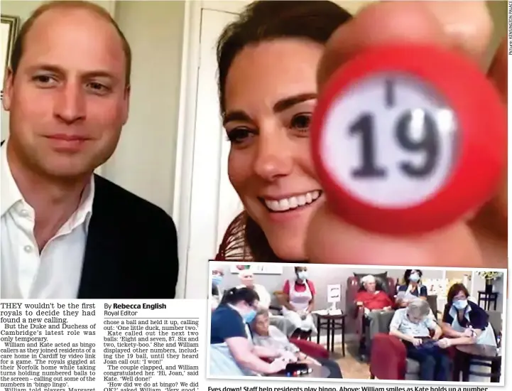 ??  ?? Eyes down! Staff help residents play bingo. Above: William smiles as Kate holds up a number