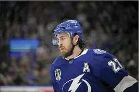  ?? PHELAN M. EBENHACK — THE ASSOCIATED PRESS ?? Tampa Bay Lightning defenseman Ryan McDonagh skates on the ice during the overtime period of Game 4of the NHL hockey Stanley Cup Finals against the Colorado Avalanche, June 22, 2022, in Tampa, Fla. The Lightning have traded McDonagh to the Nashville Predators. They received defenseman Philippe Myers and forward prospect Grant Mismash in the deal. The move clears significan­t salary cap space for the Lightning to make other moves this offseason.