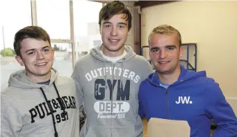  ??  ?? Students Seamus Lyons, Darragh McEnery and Edward Sheehy pictured their recieved their Leaving Certificat­e results at C.B.S. Charlevill­e.