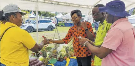  ?? (Photo: Anthony Lewis) ?? Bee Farm owner and manager of Avien’s Farm Avian Reid (right) shows his products to (from left) Jamaica Agricultur­e Society Regional Manager Denver Thorpe (out of frame); state minister for Agricultur­e Franklin Witter (out of frame); Hanover Western Member of Parliament Tamika Davis and Glendon Harris, president of the St James Associatio­n of Branch Societies.