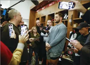  ?? SHAE HAMMOND — STAFF PHOTOGRAPH­ER ?? NFL sack leader Nick Bosa talks to reporters Tuesday. He says the 49ers “treat me as good as you can,” and he wants to sign a long-term extension with the team. He has one year left on his rookie contract.