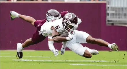  ?? Photos by Karen Warren/Staff photograph­er ?? Texas A&M wide receiver Cyrus Allen, a transfer from Louisiana Tech, had six catches for 45 yards in Saturday’s spring game.