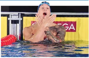  ?? LAPRESSE ?? L’americano Caeleb Dressel, 23 anni, detentore del record del mondo nei 100 delfino, in gara con i “Condors”