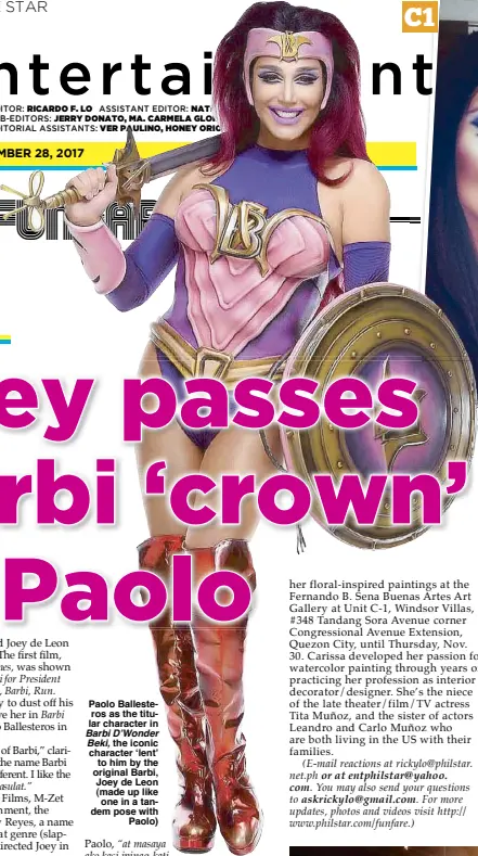  ??  ?? Paolo Ballestero­s as the titular character in Barbi D’Wonder Beki, the iconic character ‘lent’ to him by the original Barbi, Joey de Leon (made up like one in a tandem pose with Paolo)