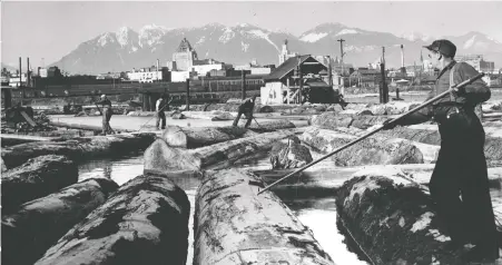  ?? RAY ALLAN/FILES ?? Pravda writer G. Sobolevsky would have approved of this Ray Allan photo of loggers ‘burling’ logs in False Creek.