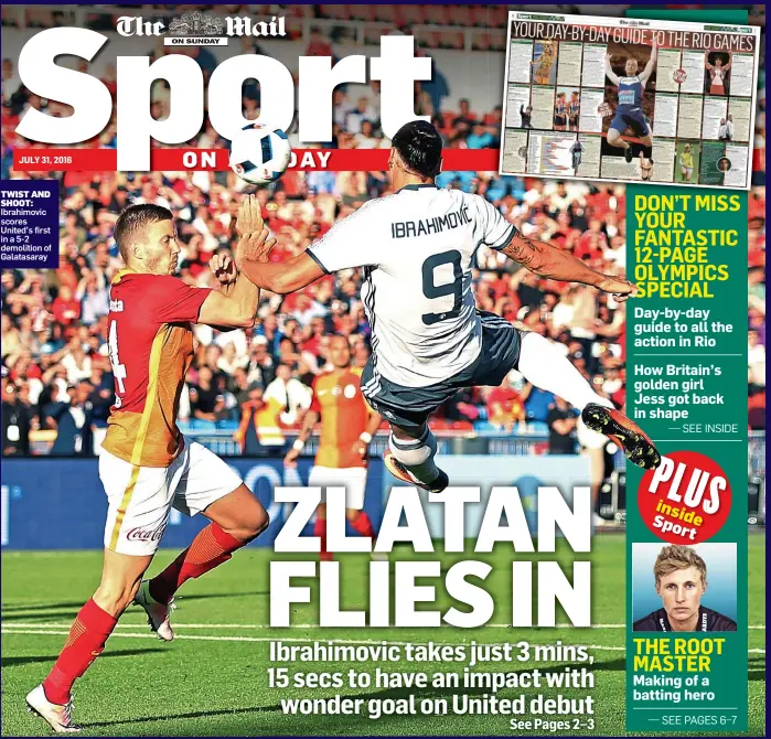  ??  ?? TWIST AND SHOOT: Ibrahimovi­c scores United’s first in a 5-2 demolition of Galatasara­y