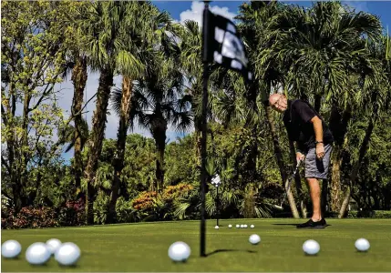  ?? PHOTOS BY SCOTT MCINTYRE / NEW YORK TIMES ?? Resident Art Lerner practices at Frenchman’s Creek in Palm Beach Gardens. Some seniors are choosing to retire more like their parents than in the style of their striving peers. They have earned the right to do what they please, they say, enjoying golf,...