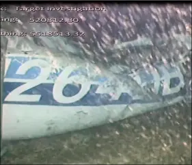  ??  ?? In this image released on Monday by the UK Air Accidents Investigat­ion Branch (AAIB) showing the rear left side of the fuselage including part of the aircraft registrati­on N264DB that went missing carrying soccer player Emiliano Sala, when it disappeare­d from radar contact on Jan 21. AAIB VIA AP