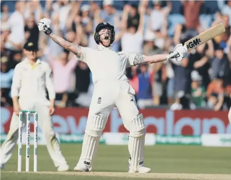  ??  ?? Ben Stokes celebrates after his astonishin­g Test-winning innings at Headingley.