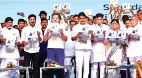  ?? ?? SP chief Akhilesh Yadav releases the party’s manifesto; (right) Congress leaders Rahul Gandhi, K C Venugopal and Revanth Reddy at a rally.