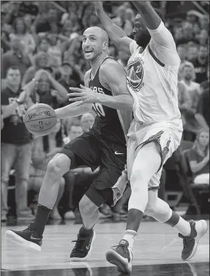  ?? The Associated Press ?? STAYING ALIVE: San Antonio guard Manu Ginobili, left, drives against Golden State Warriors’ Draymond Green Saturday during the second half of the Spurs’ 103-90 Game 4 win at home in their first-round NBA playoff series.