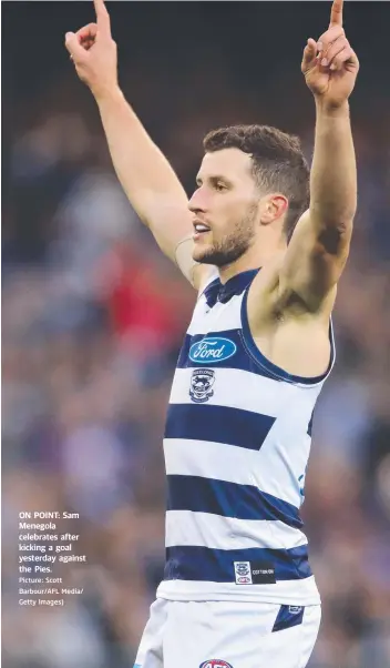  ?? Picture: Scott Barbour/AFL Media/ Getty Images) ?? ON POINT: Sam Menegola celebrates after kicking a goal yesterday against the Pies.