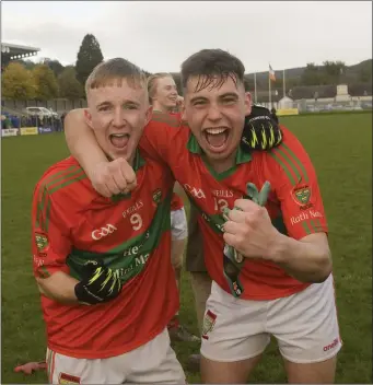  ??  ?? Rathnew’s Ben Free and Charlie Cruise after the Village side won the Minor ‘A’ football final.