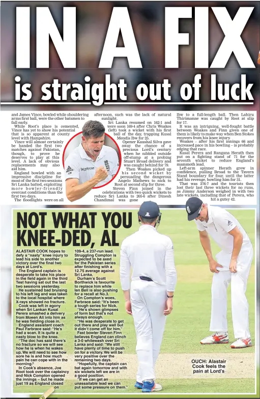  ??  ?? OUCH: Alastair Cook feels the pain at Lord’s